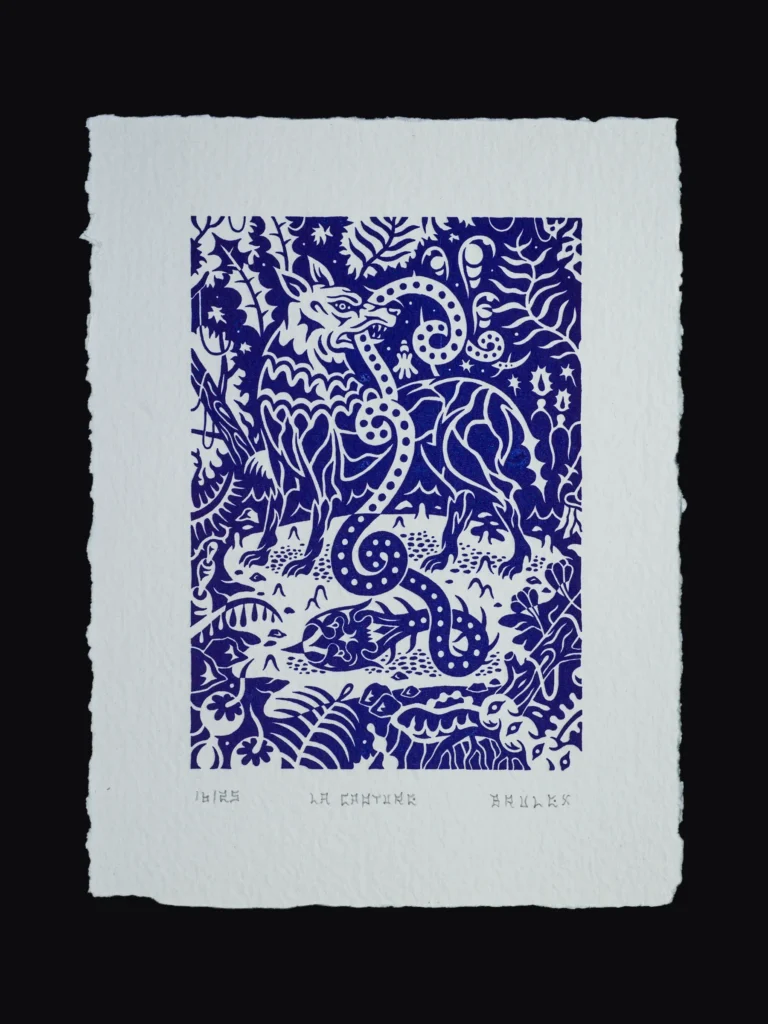 Packshot de l'estampe en letterpress "La Capture" de l'artiste Brulex. Édité et imprimé par Sacrés Caractères à Lyon.