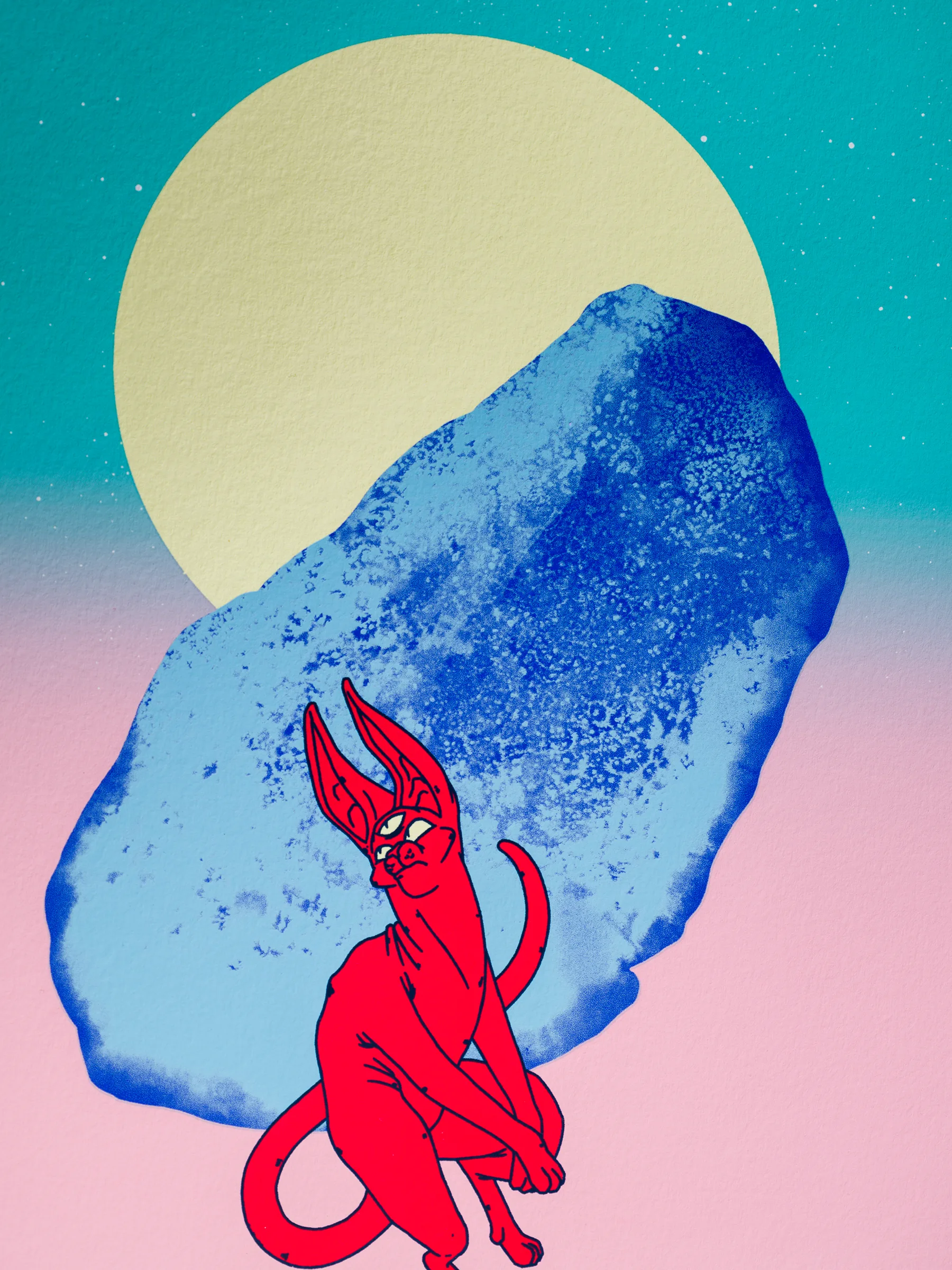 Détail de l'estampe Siddhartha, réalisée par l'illustrateur Alexandre Laclaverie pour la sortie de son livre Siddhartha : Le voyage du chat rouge aux Éditions Cosmogénèse. Imprimé en sérigraphie par Sacrés Caractères à Lyon.