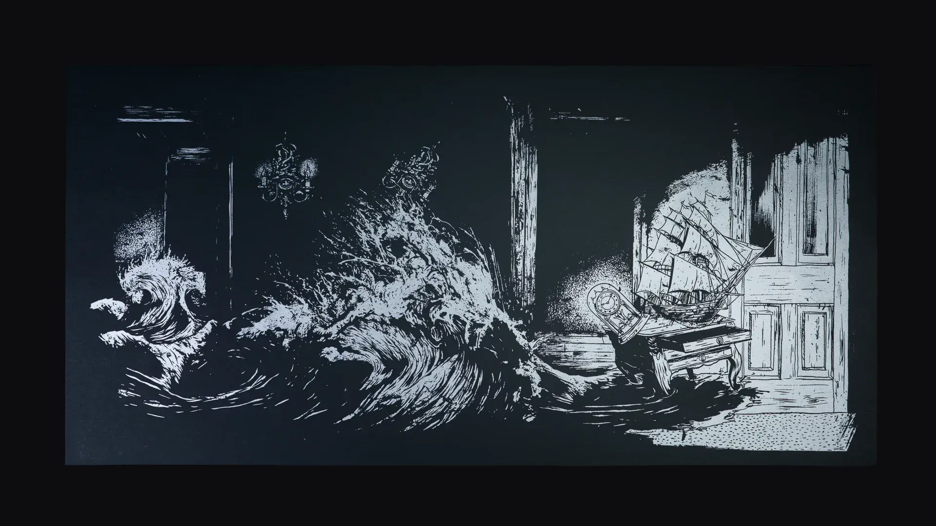 Packshot de l'estampe "La Vague", réalisée par l'illustrateur Jean-Luc Navette pour le compte des éditions Noir Méduses en 2018. Imprimé en sérigraphie par Sacrés Caractères à Lyon.