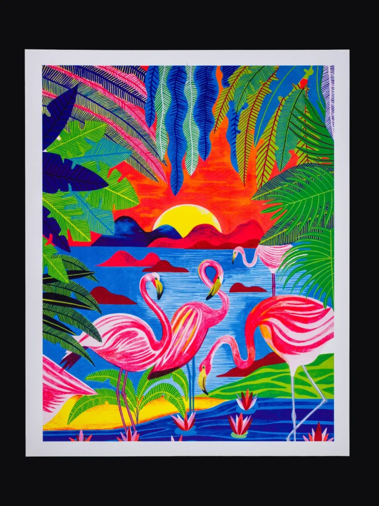 Packshot de l'estampe " Les Flamants Roses" réalisée par l'artiste Orane Sigal pour le compte de la Slow Galerie à Paris, dans le cadre de son exposition "Le Grand Voyage" en 2020. Imprimée par Sacrés Caractères à Lyon.
