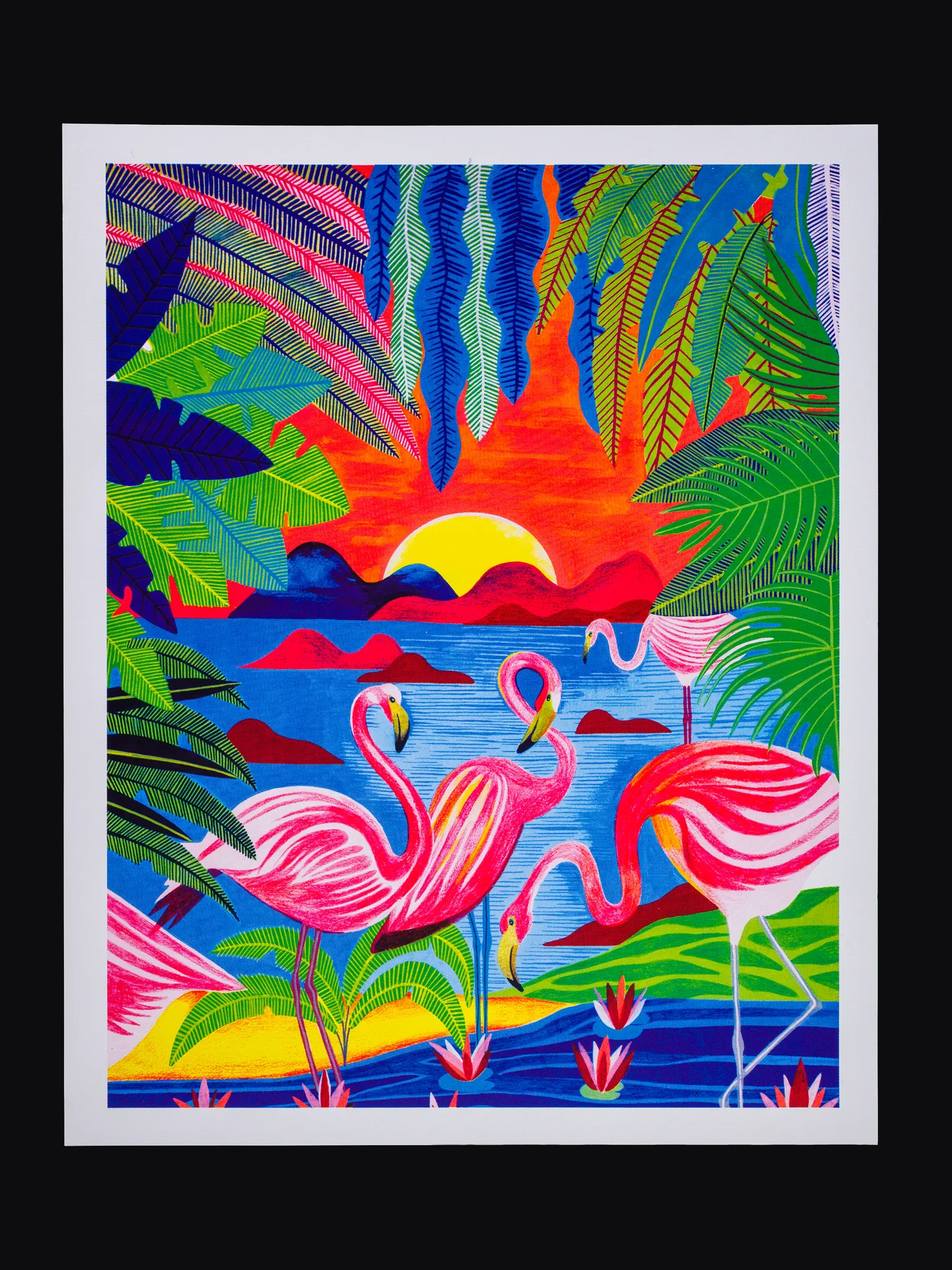 Packshot de l'estampe " Les Flamants Roses" réalisée par l'artiste Orane Sigal pour le compte de la Slow Galerie à Paris, dans le cadre de son exposition "Le Grand Voyage" en 2020. Imprimée par Sacrés Caractères à Lyon.
