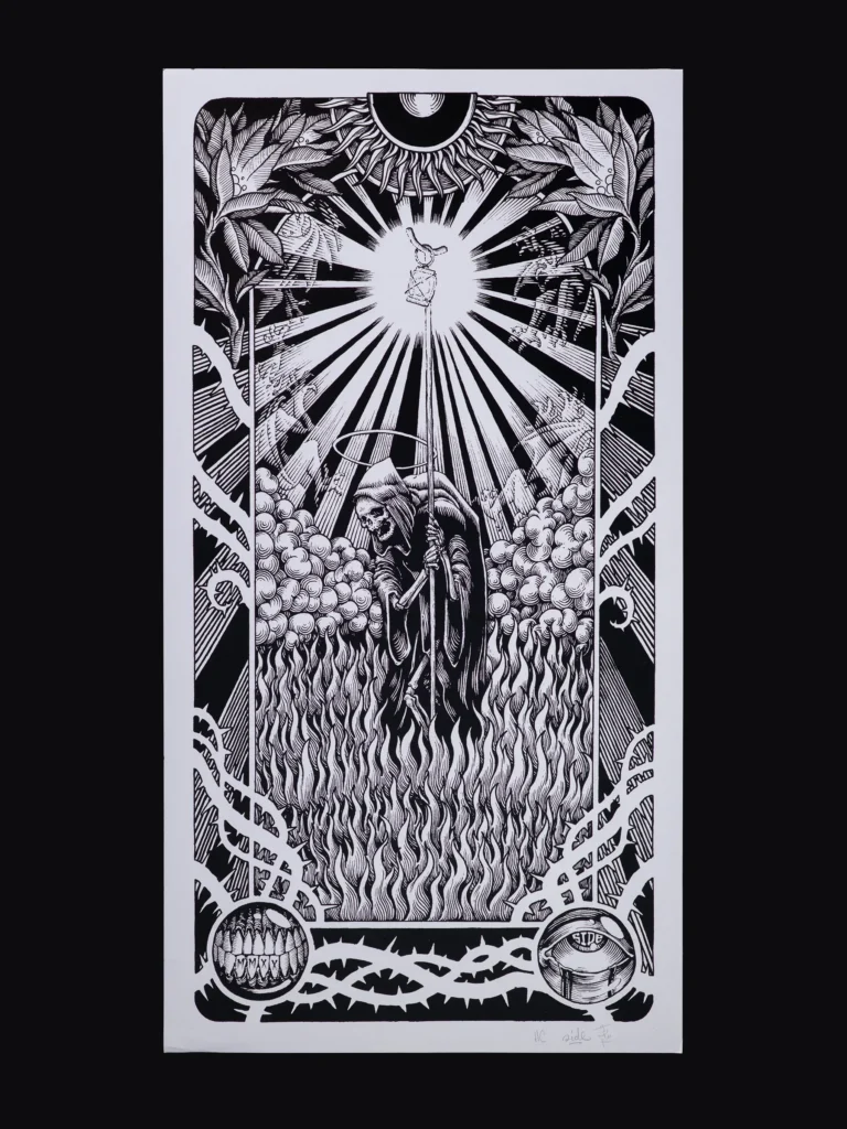 Packshot de l'estampe "La mort à la lanterne" réalisée par le tatoueur Side. Imprimée par Sacrés Caractères à Lyon.