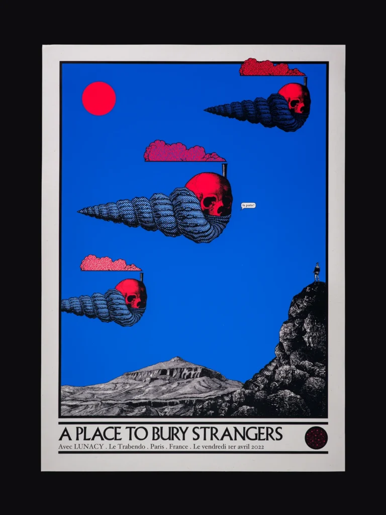 Packshot d'une estampe / affiche de concert en sérigraphie réalisé par l'illustrateur Cyrille Rousseau pour le concert du groupe A place To Bury Strangers au Trabendo à Paris en 2022. Imprimé en sérigraphie par Sacrés Caractères à Lyon.