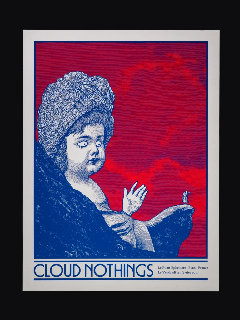 Packshot d'une estampe / affiche de concert en sérigraphie réalisé par l'illustrateur Cyrille Rousseau pour le concert du groupe Cloud Nothing au Point Ephémère à Paris en 2019. Imprimé en sérigraphie par Sacrés Caractères à Lyon.
