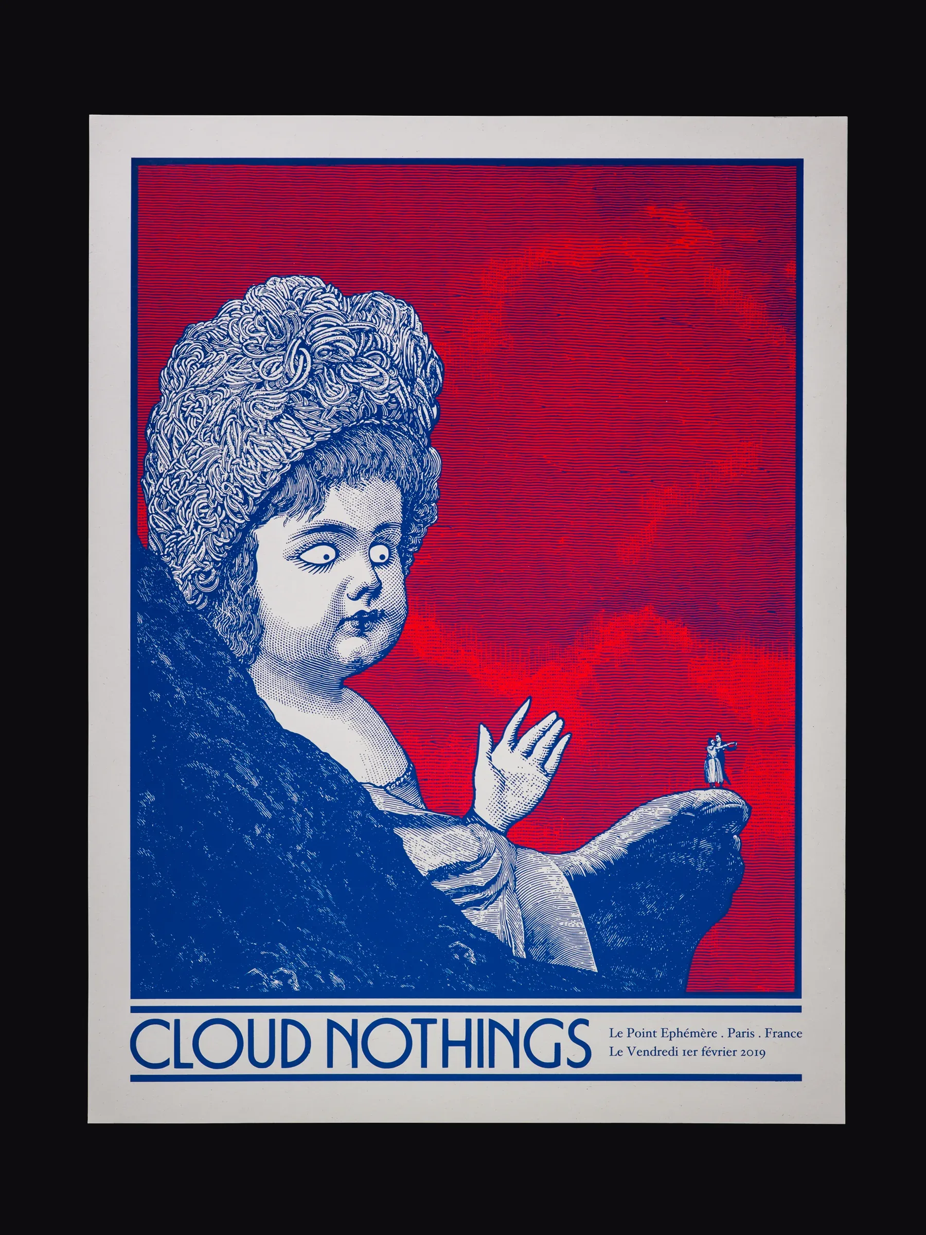 Packshot d'une estampe / affiche de concert en sérigraphie réalisé par l'illustrateur Cyrille Rousseau pour le concert du groupe Cloud Nothing au Point Ephémère à Paris en 2019. Imprimé en sérigraphie par Sacrés Caractères à Lyon.