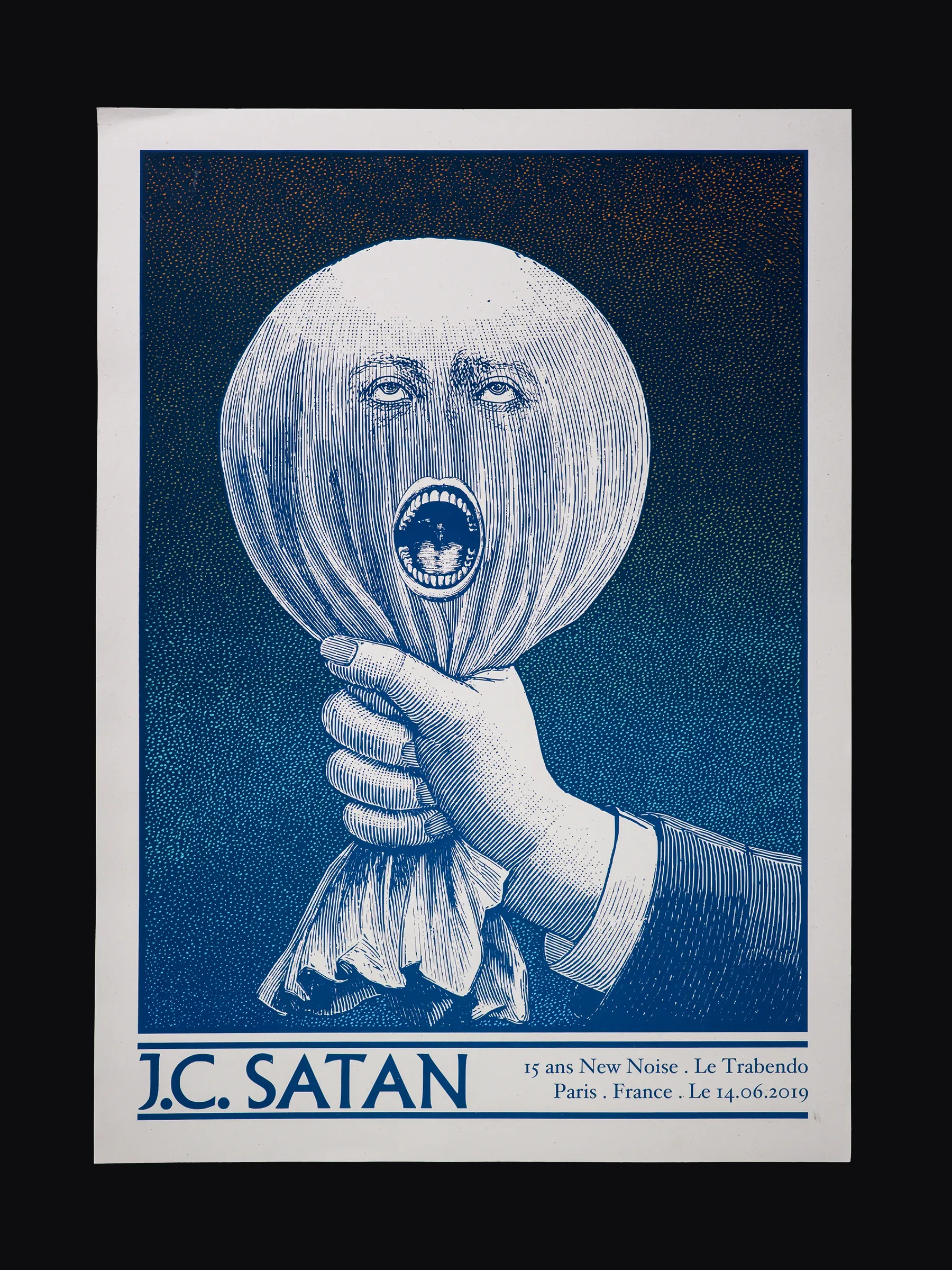 Packshot de l'estampe en sérigraphie de l'affiche réalisée par l'illustrateur Cyrille Rousseau pour le concert de J.C.Satan au Trabendo à Paris en 2019. Imprimé par Sacrés Caractères à Lyon.