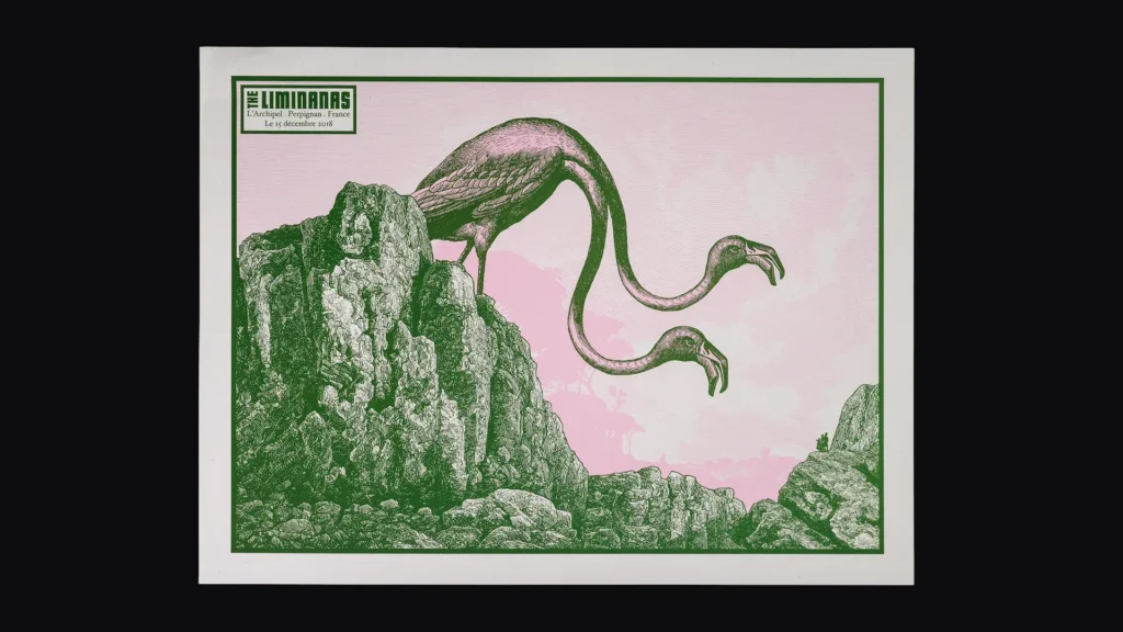 Packshot de l'affiche "The Limiñanas", réalisé par l'illustrateur Cyrille Rousseau pour le concert du groupe The Limiñanas à L'Archipel à Perpignan le 15 décembre 2018. Imprimé en sérigraphie par Sacrés Caractères à Lyon.