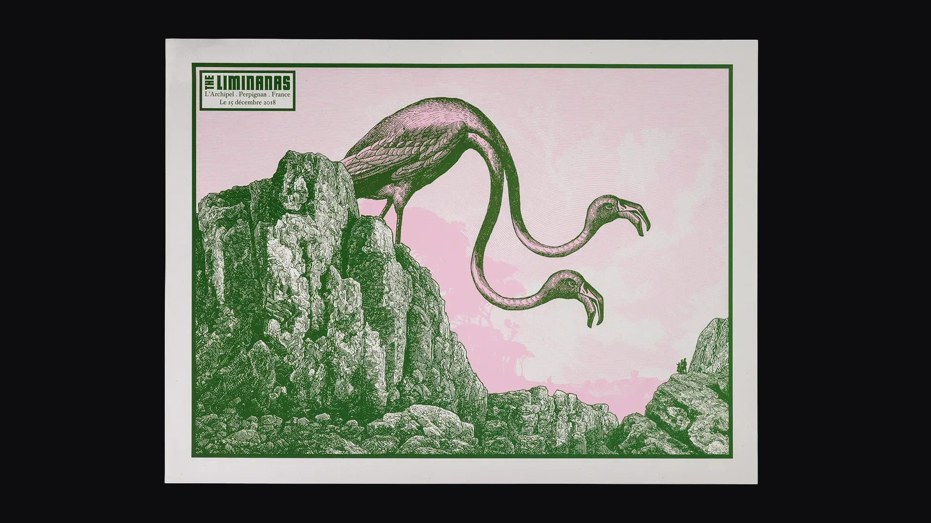 Packshot de l'affiche "The Limiñanas", réalisé par l'illustrateur Cyrille Rousseau pour le concert du groupe The Limiñanas à L'Archipel à Perpignan le 15 décembre 2018. Imprimé en sérigraphie par Sacrés Caractères à Lyon.