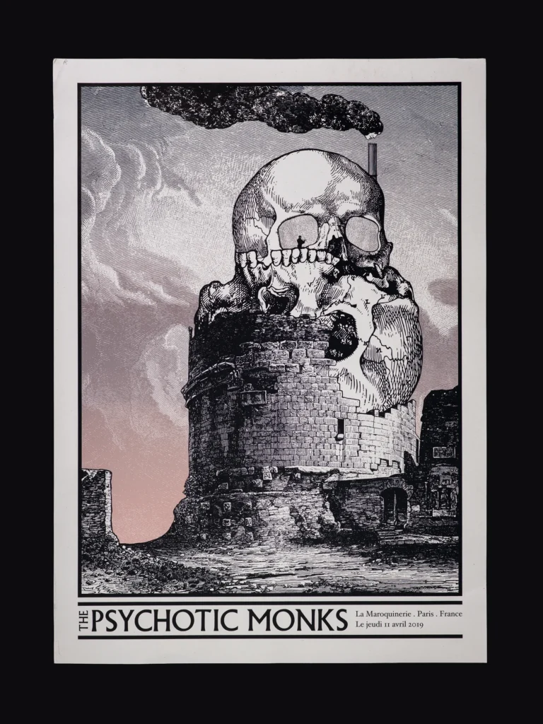 Packshot de l'estampe en sérigraphie de l'affiche réalisée par l'illustrateur Cyrille Rousseau pour le concert du groupe The Psychotic Monks à La Maroquinerie à Paris en 2019. Imprimé par Sacrés Caractères à Lyon.