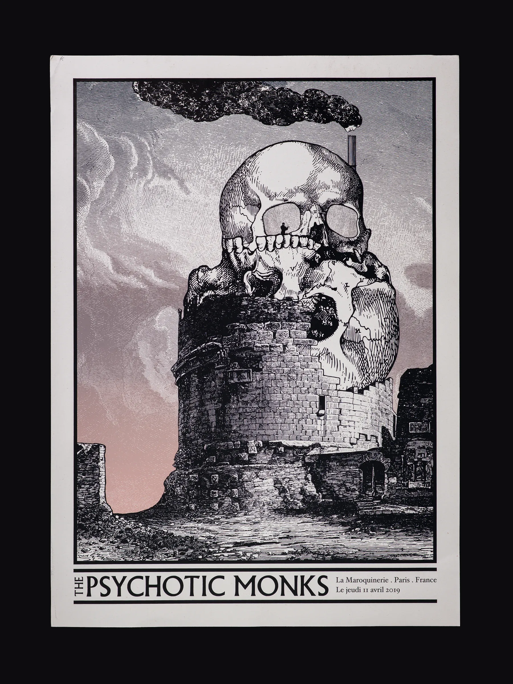 Packshot de l'estampe en sérigraphie de l'affiche réalisée par l'illustrateur Cyrille Rousseau pour le concert du groupe The Psychotic Monks à La Maroquinerie à Paris en 2019. Imprimé par Sacrés Caractères à Lyon.