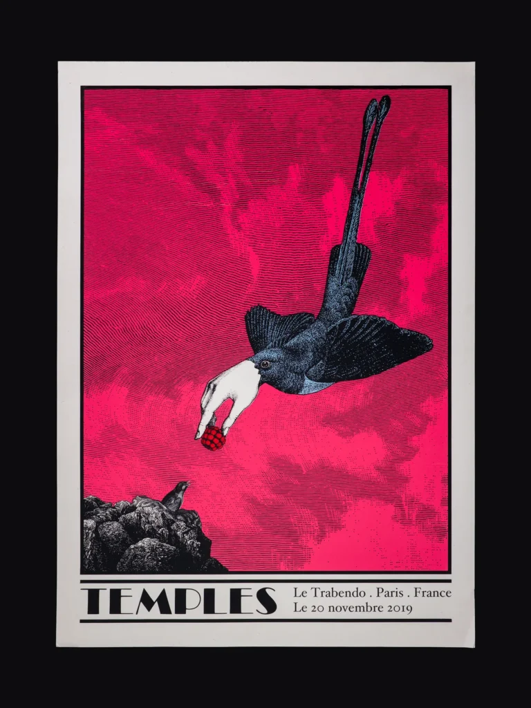 Packshot de l'estampe en sérigraphie de l'affiche réalisée par l'illustrateur Cyrille Rousseau pour le concert du groupe Temples au Trabendo à Paris en 2019. Imprimé par Sacrés Caractères à Lyon.
