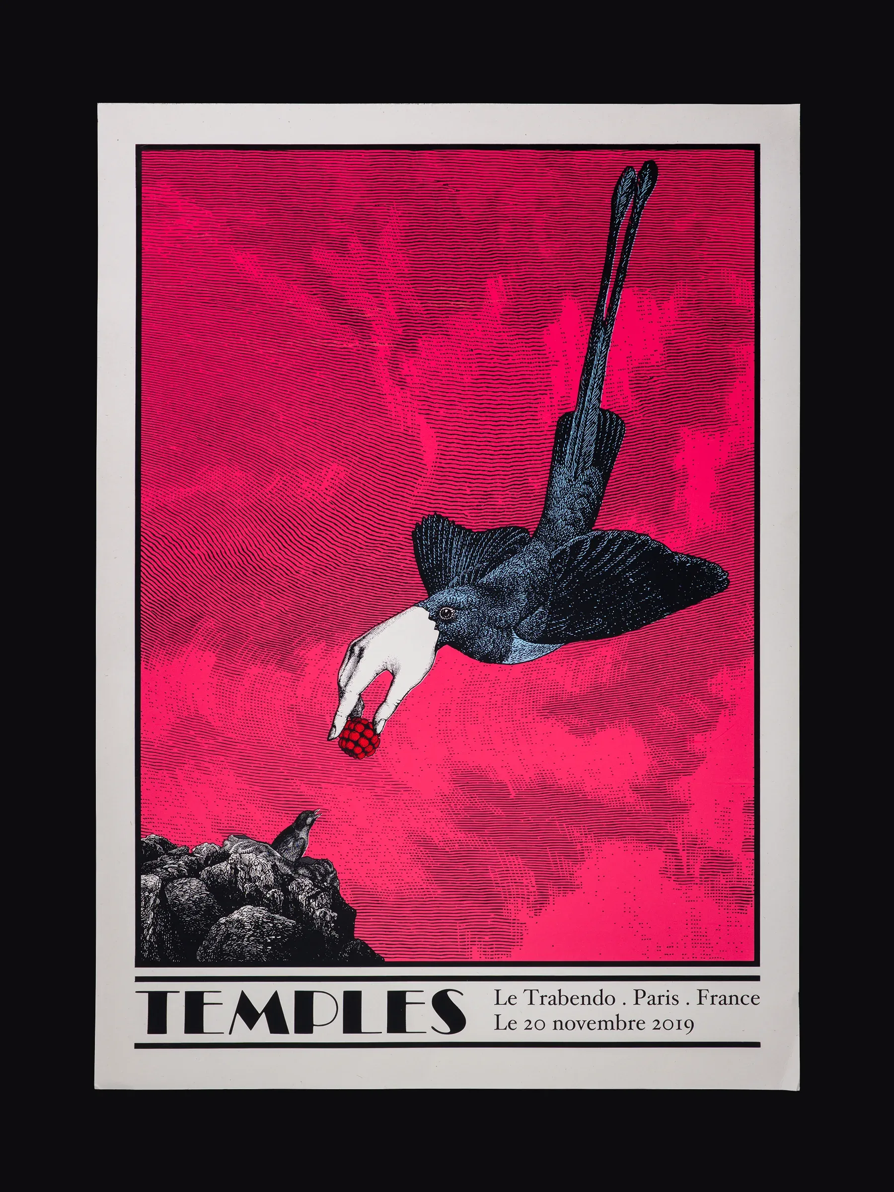Packshot de l'estampe en sérigraphie de l'affiche réalisée par l'illustrateur Cyrille Rousseau pour le concert du groupe Temples au Trabendo à Paris en 2019. Imprimé par Sacrés Caractères à Lyon.