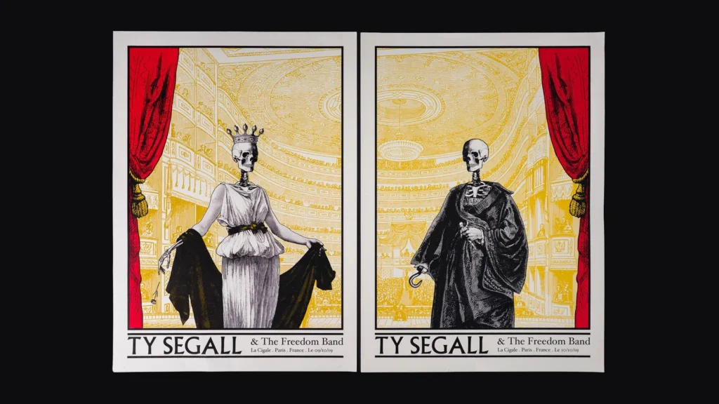 Packshot du diptyque d'affiches "Ty Segall", réalisé par l'illustrateur Cyrille Rousseau pour le concert de Ty Segall And The Fredom Band à La Cigale à Paris les 09 & 10 Octobre 2019. Imprimé en sérigraphie par Sacrés Caractères à Lyon.
