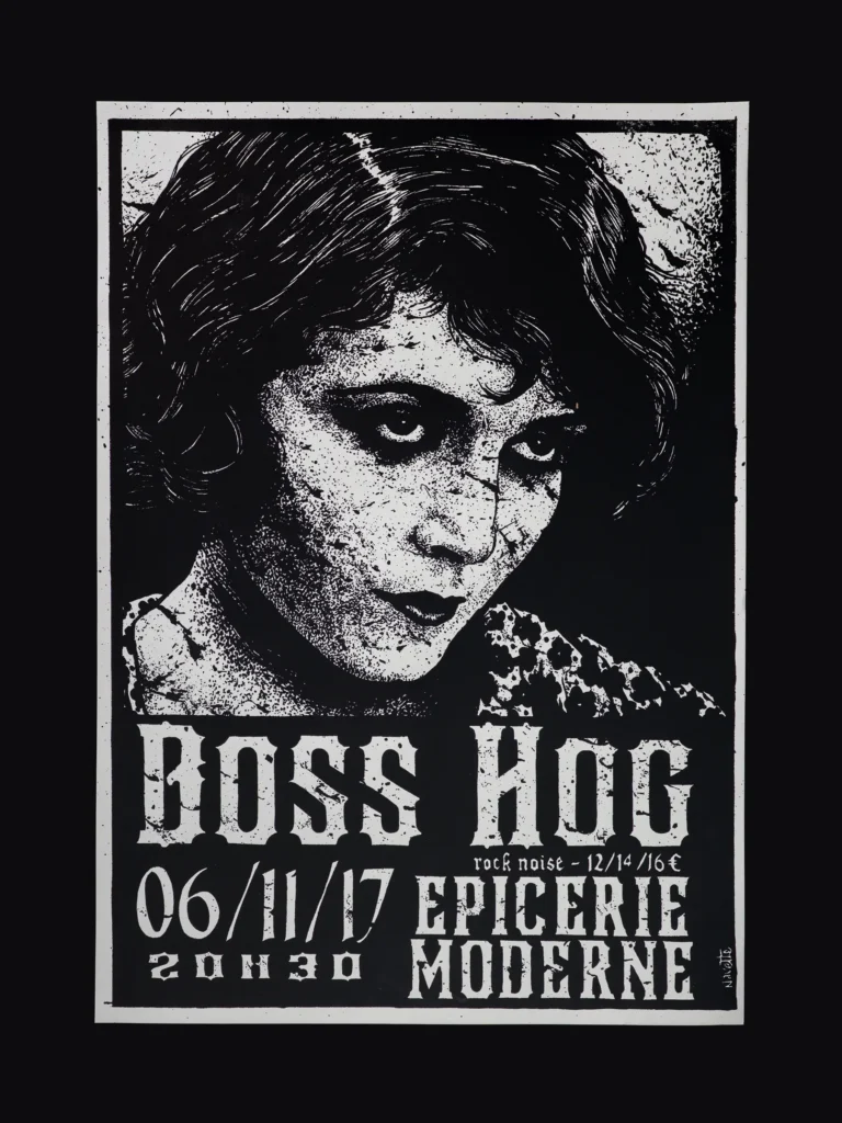 Packshot de l'estampe en sérigraphie de l'affiche réalisée par l'illustrateur Jean-Luc Navette pour le concert du groupe Boss Hog.