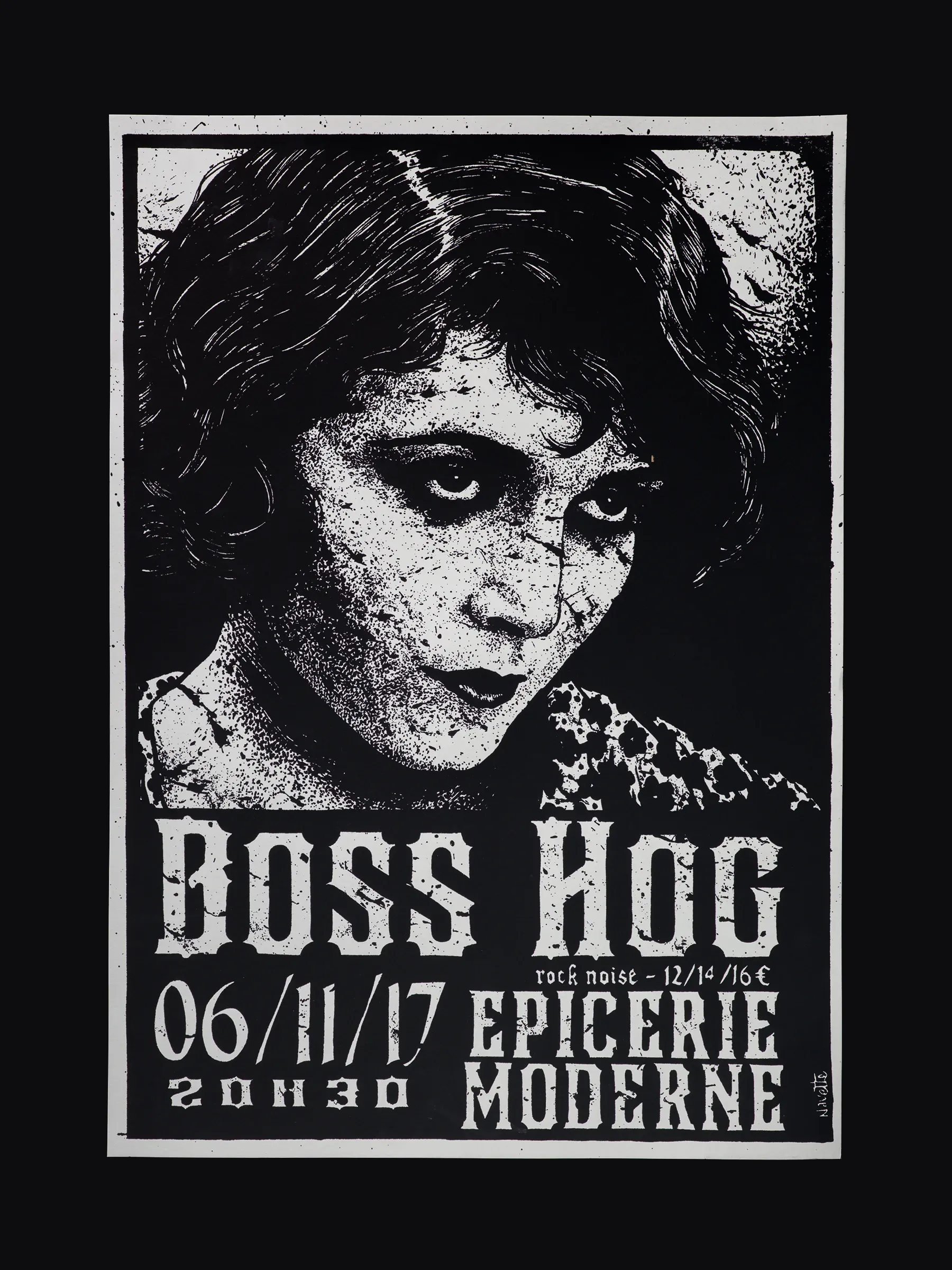Packshot de l'estampe en sérigraphie de l'affiche réalisée par l'illustrateur Jean-Luc Navette pour le concert du groupe Boss Hog.