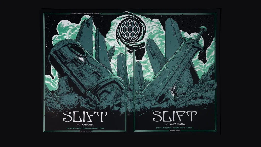 Packshot du diptyque d'affiches "Slift", réalisé par l'illustrateur Johrice pour les concerts de Slift à L'Épicerie Moderne à Feyzin le 5 avril 2024 et à L'Espace Julien à Marseille le 6 avril 2024. Imprimé en sérigraphie par Sacrés Caractères à Lyon.