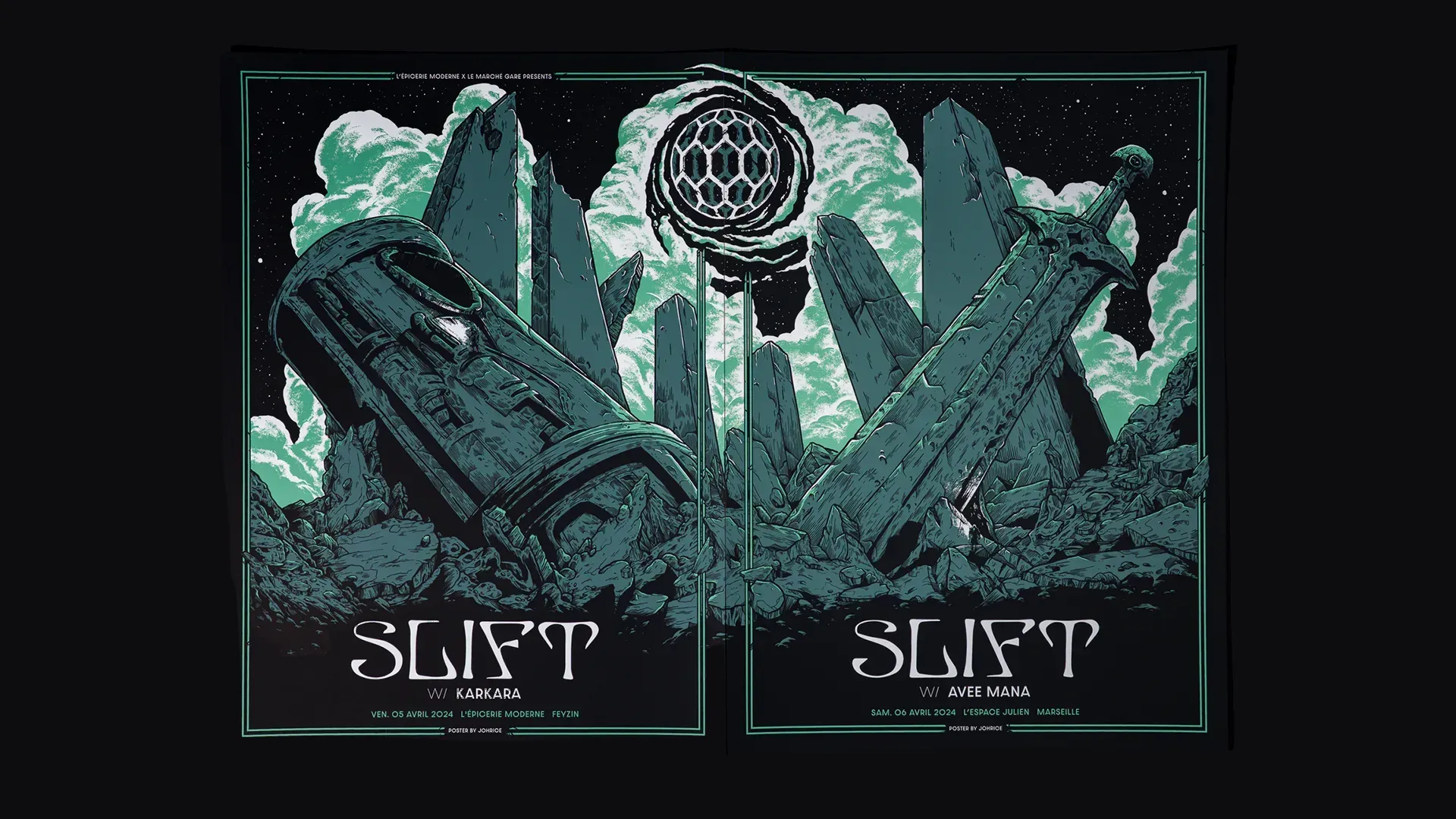 Packshot du diptyque d'affiches "Slift", réalisé par l'illustrateur Johrice pour les concerts de Slift à L'Épicerie Moderne à Feyzin le 5 avril 2024 et à L'Espace Julien à Marseille le 6 avril 2024. Imprimé en sérigraphie par Sacrés Caractères à Lyon.