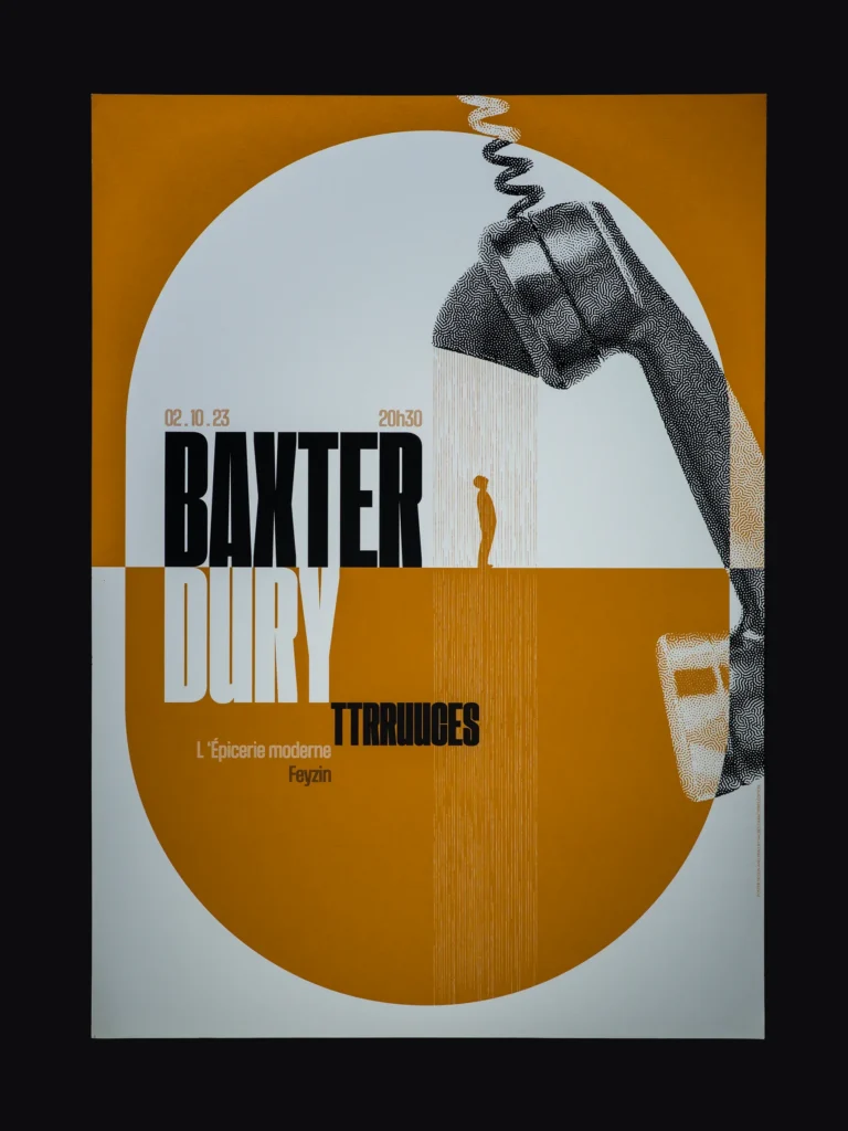 Affiche sérigraphiée Baxter Dury, L’Épicerie Moderne, Feyzin, 2023, par Sacrés Caractères.