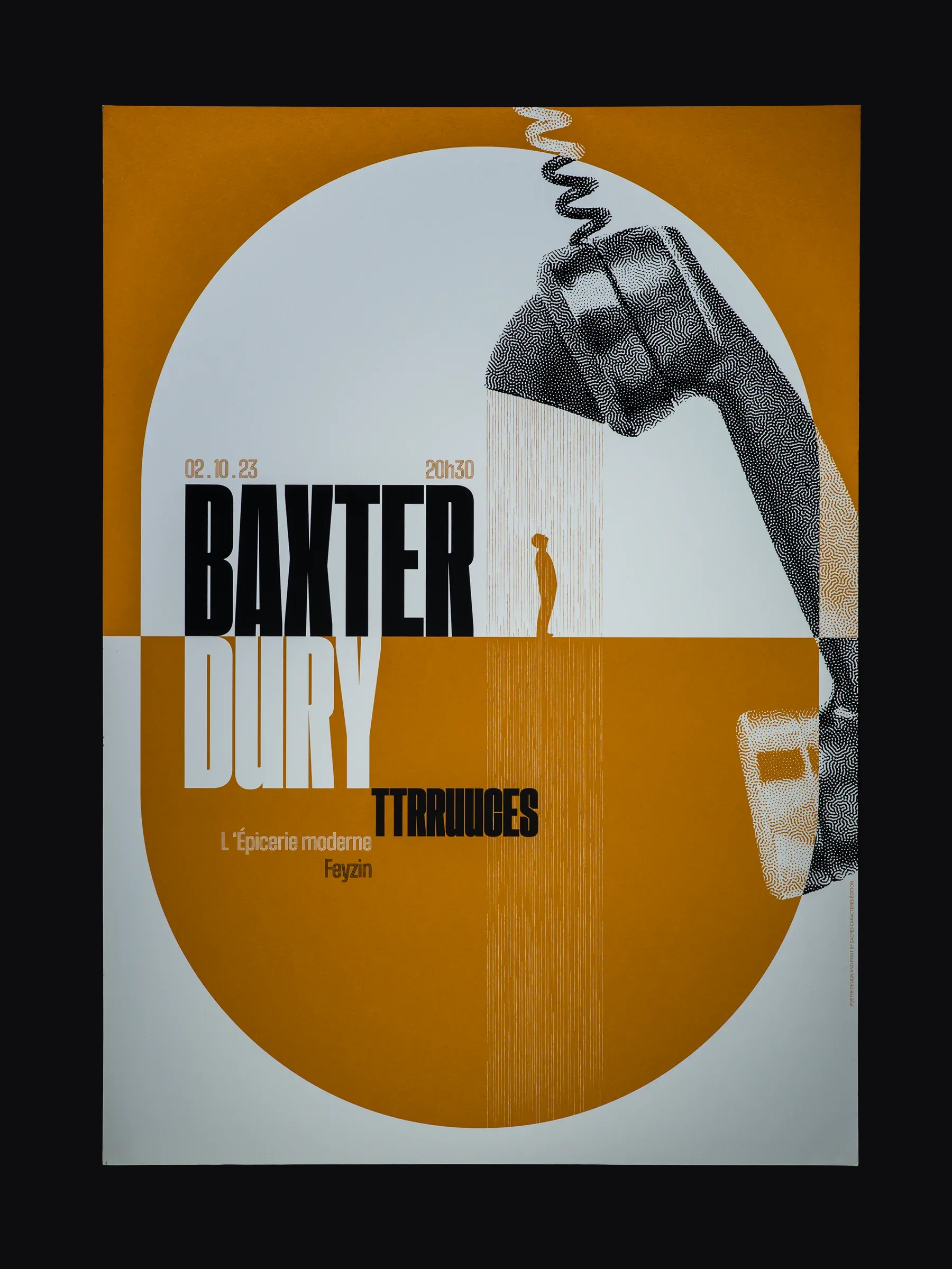 Affiche sérigraphiée Baxter Dury, L’Épicerie Moderne, Feyzin, 2023, par Sacrés Caractères.