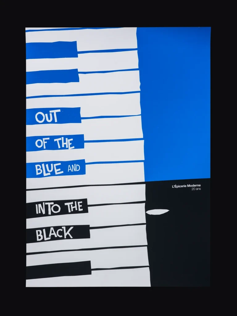 Affiche sérigraphiée Out Of The Blue pour les 20 ans de L’Épicerie Moderne à Feyzin en 2025.