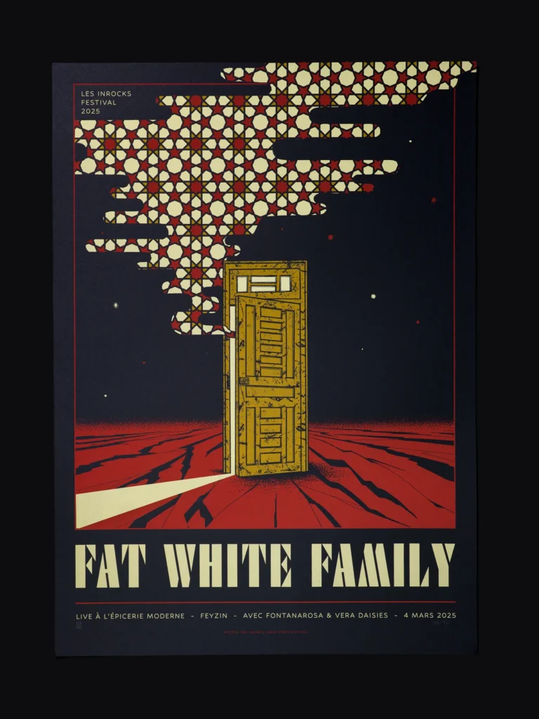 Affiche sérigraphiée Fat White Family, L’Épicerie Moderne, Feyzin, 2025, par Sacrés Caractères.