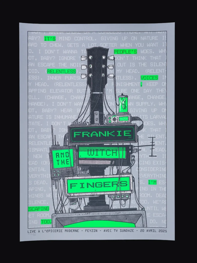 Affiche sérigraphiée Frankie And The Witch Fingers, L’Épicerie Moderne, Feyzin, 2025, par Sacrés Caractères.