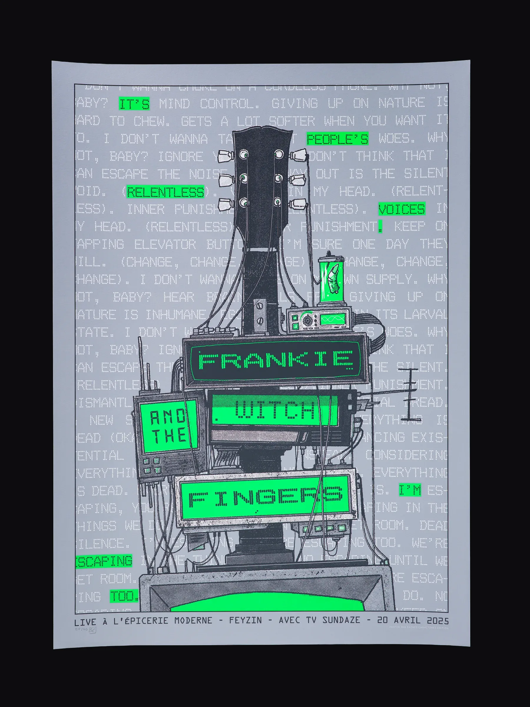 Affiche sérigraphiée Frankie And The Witch Fingers, L’Épicerie Moderne, Feyzin, 2025, par Sacrés Caractères.