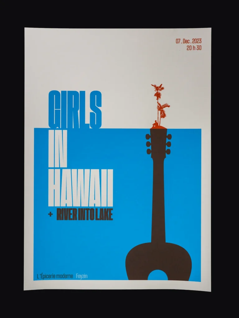 Affiche sérigraphiée Girls In Hawaii, L’Épicerie Moderne, Feyzin, 2023, par Sacrés Caractères.