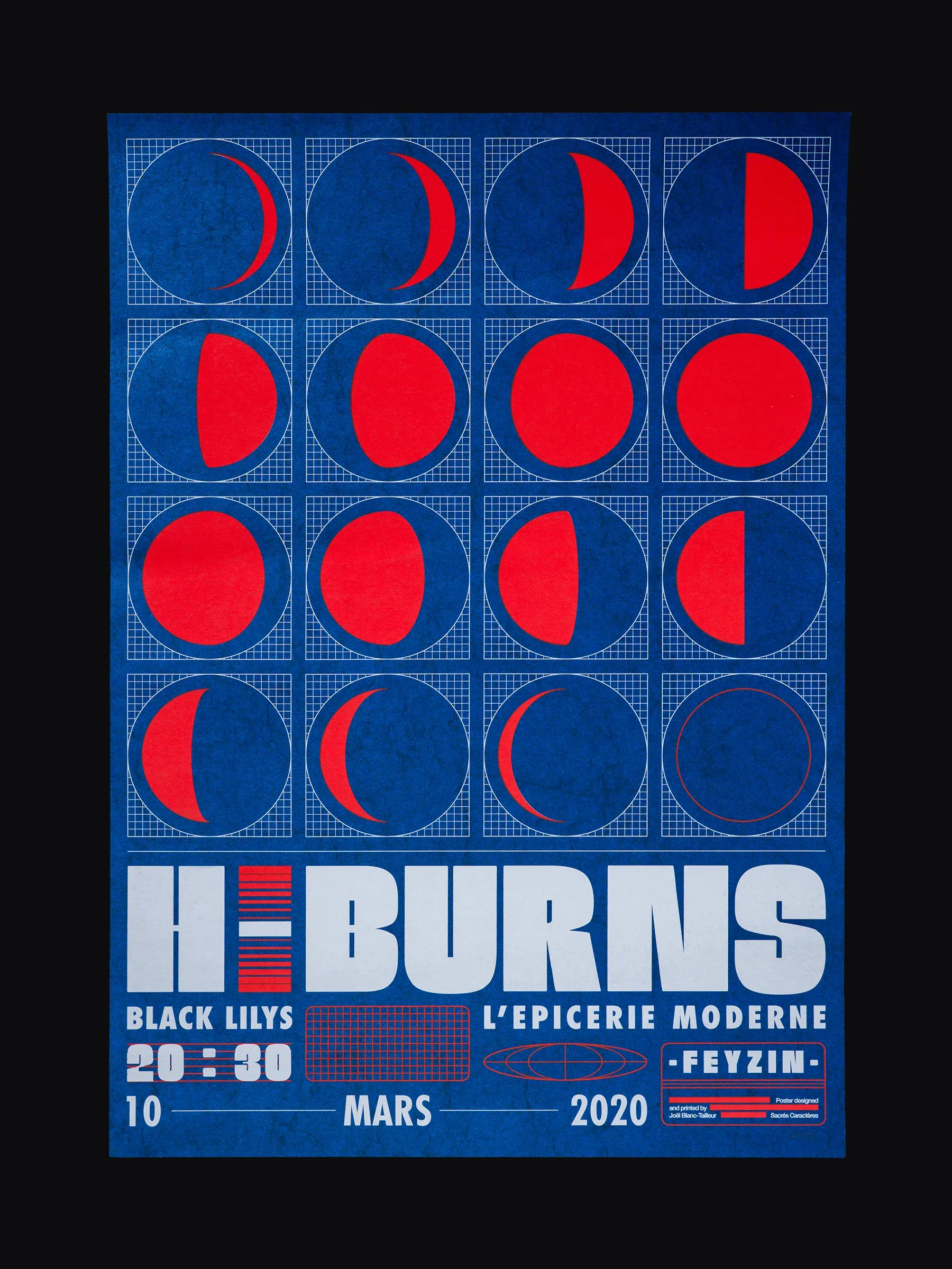 Affiche sérigraphiée H-Burns, L’Épicerie Moderne, Feyzin, 2020, par Sacrés Caractères.