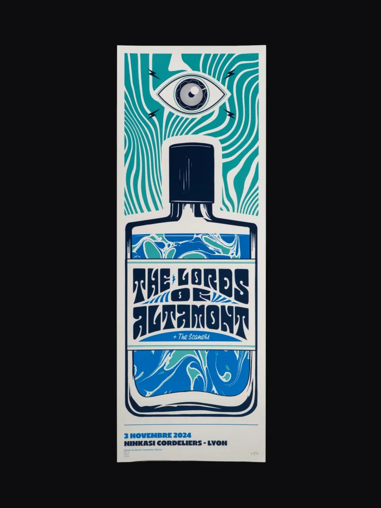 Affiche sérigraphiée The Lords Of Altamont, Ninkasi Cordeliers, Lyon, 2024, par Sacrés Caractères.