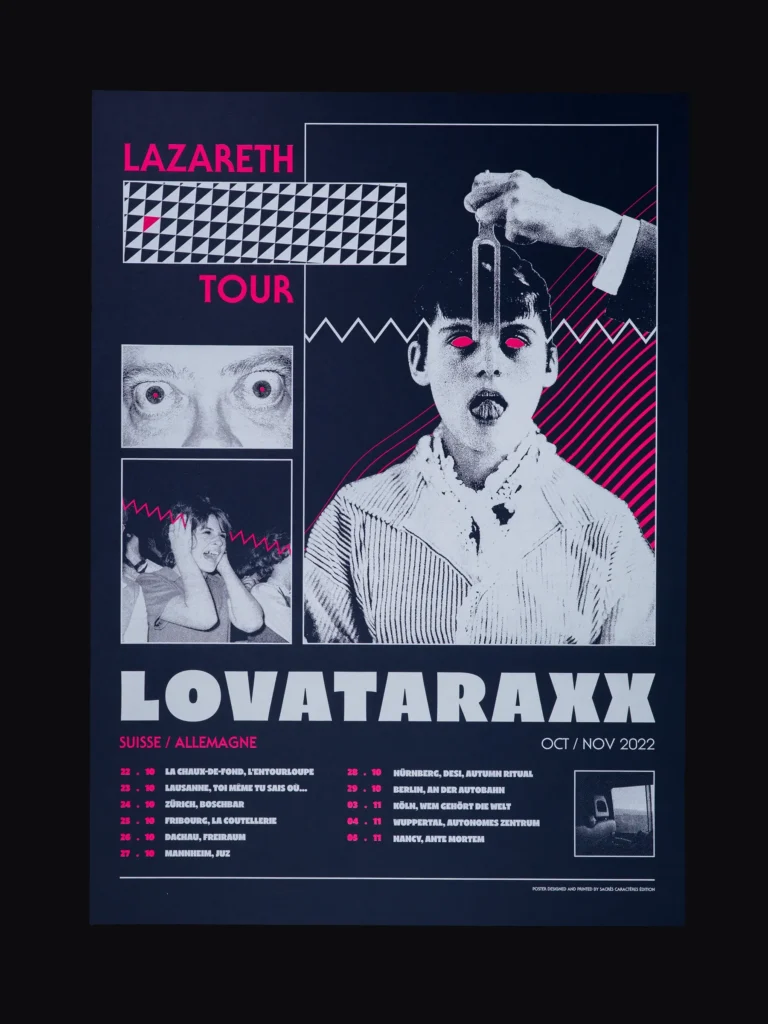 Packshot de l'estampe en sérigraphie de l'affiche réalisée par Sacrés Caractères pour la tournée du groupe Lovataraxx en 2022. Imprimé par Sacrés Caractères à Lyon.