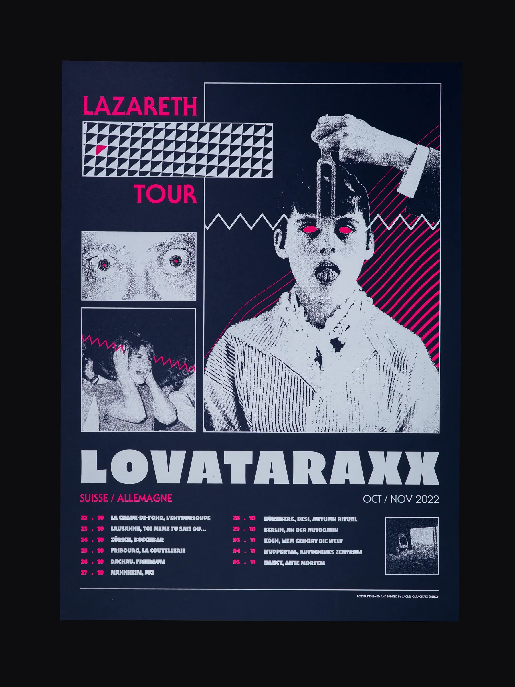 Packshot de l'estampe en sérigraphie de l'affiche réalisée par Sacrés Caractères pour la tournée du groupe Lovataraxx en 2022. Imprimé par Sacrés Caractères à Lyon.