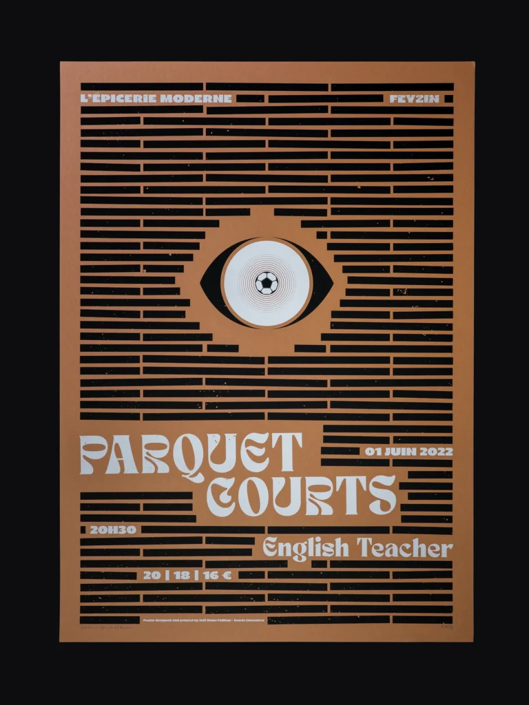 Affiche sérigraphiée Parquet Courts, L’Épicerie Moderne, Feyzin, 2022, par Sacrés Caractères.