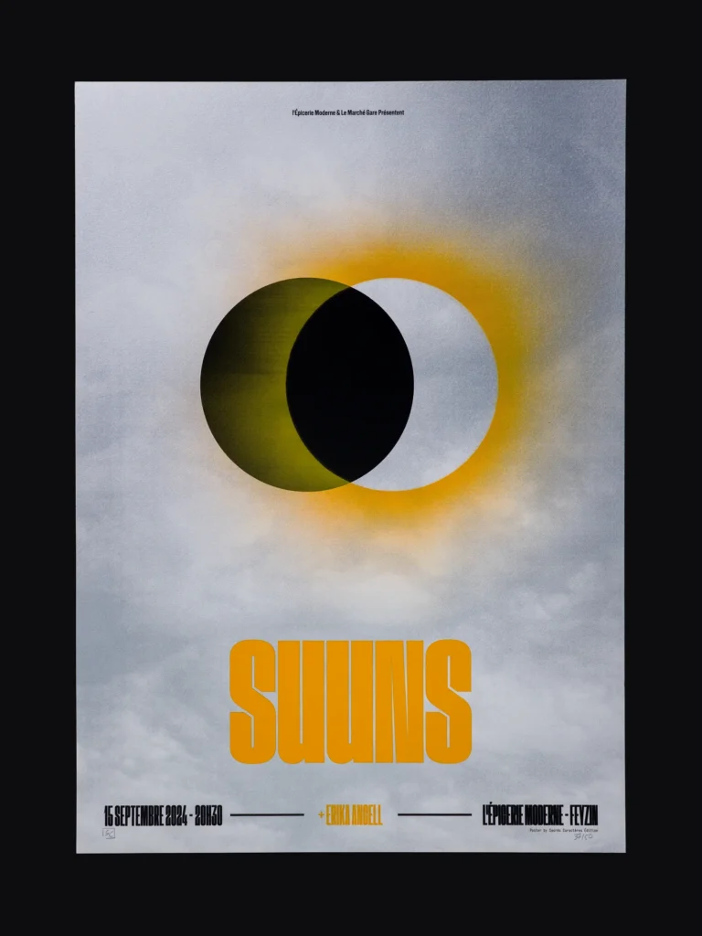 Affiche sérigraphiée Suuns, L’Épicerie Moderne, Feyzin, 2024, par Sacrés Caractères.
