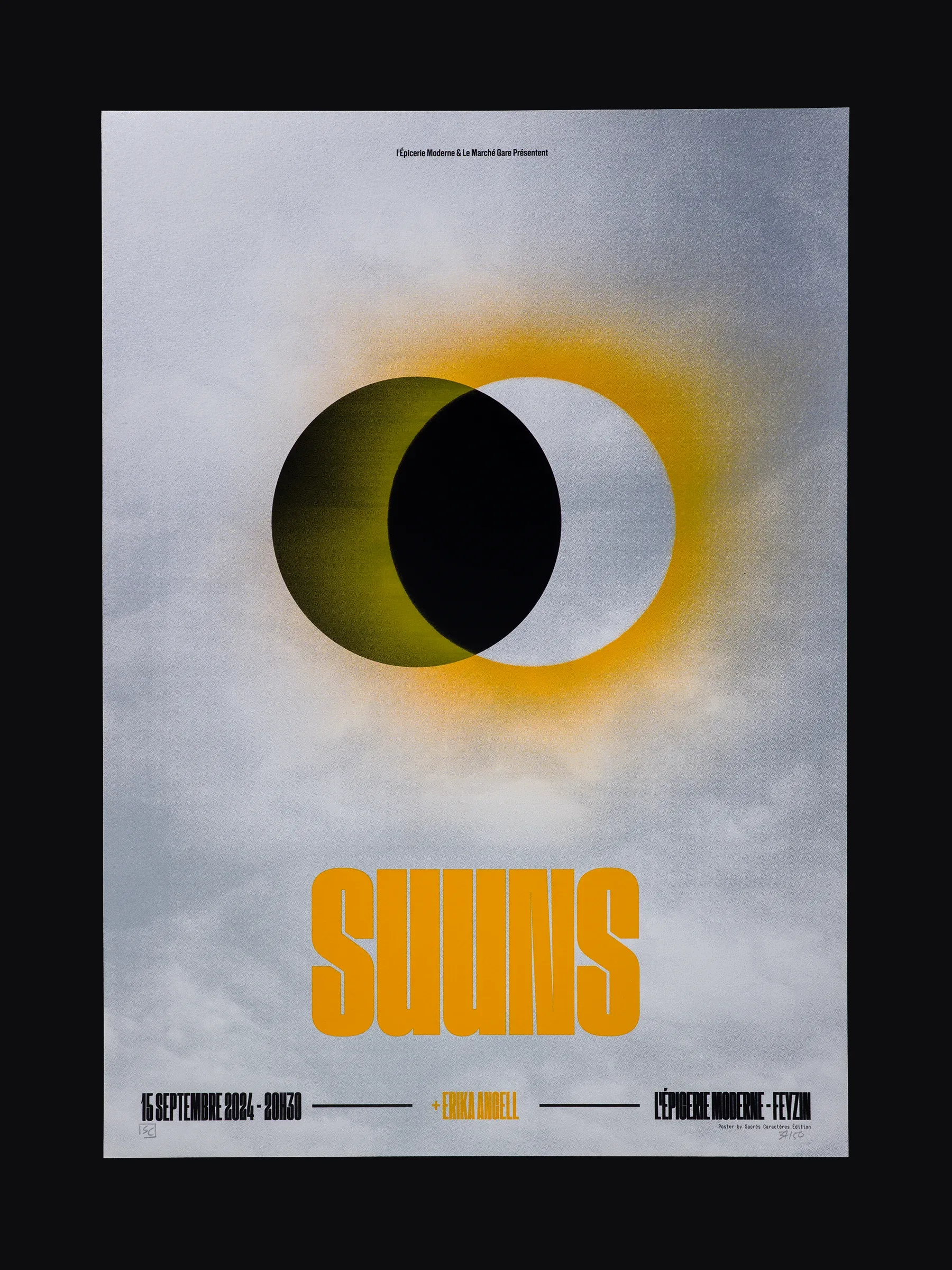 Affiche sérigraphiée Suuns, L’Épicerie Moderne, Feyzin, 2024, par Sacrés Caractères.