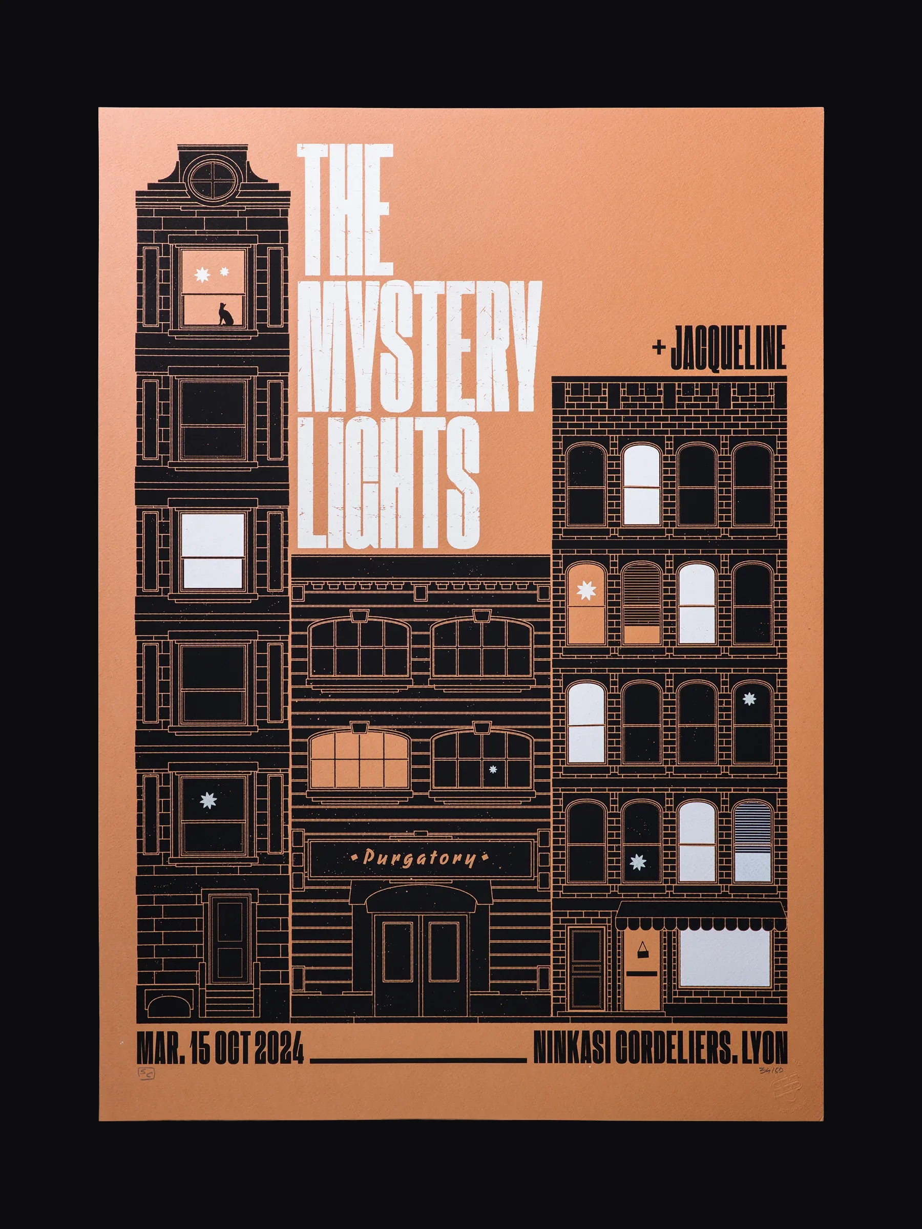 Affiche sérigraphiée The Mystery Lights, Ninkasi Cordeliers, Lyon, 2024, par Sacrés Caractères.